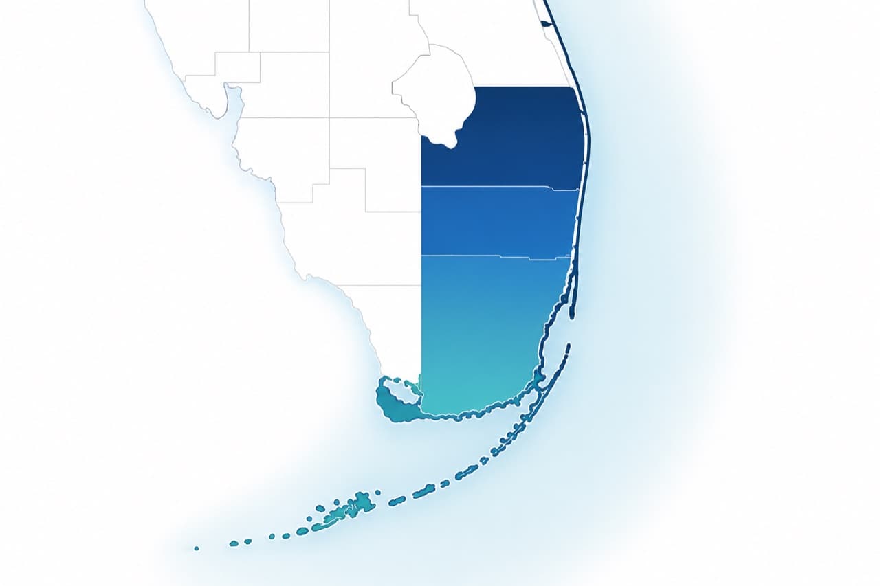 Coastal Edge service area map — the South Florida coast from Fort Lauderdale down through Boca Raton and the Keys